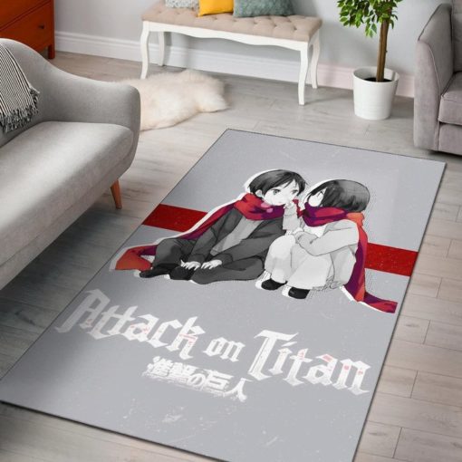 Chibi Mikasa And Eren Couple Love Wearing Red Scarf Rug - Custom Size And Printing