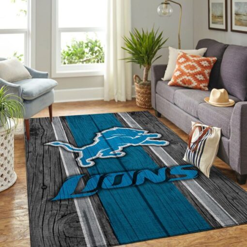 Detroit Lions NFL Team Logo Wooden Style Nice Gift Living Room Carpet Rug Home Decor - Custom Size And Printing