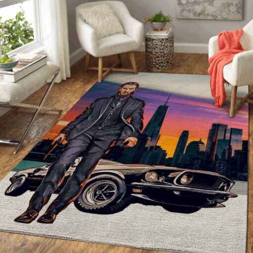 John Wick And Ford Mustang - Movies Area Rug Carpet - Custom Size And Prin