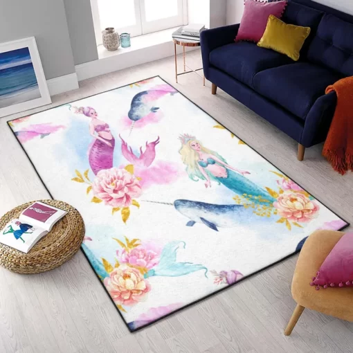 Little Mermaid Kitchen Rugs, Watercolor Mermaid Narwhal And Peony Gs Cl Rug - Custom Size And Printing