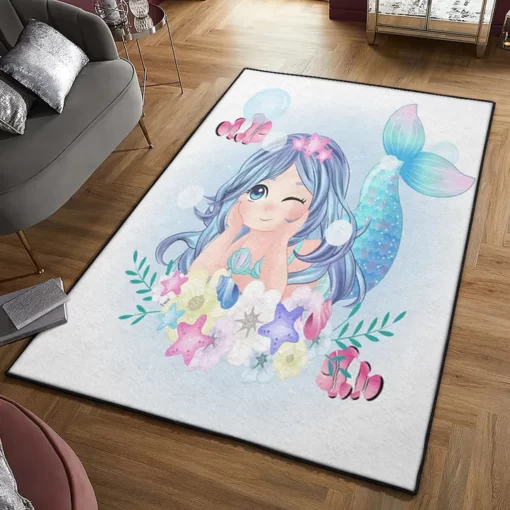 Mermaid Indoor Outdoor Rugs, Cute Blue Mermaid Rug - Custom Size And Printing