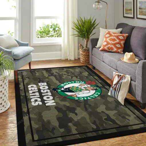 Boston Celtics Nba Team Logo Camo Style Area Rug - For Living Room - Custom Size And Printing