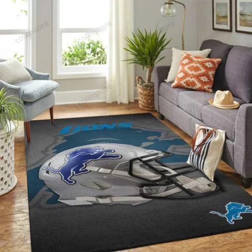 Detroit Lions NFL Area Rug - Team Logo Helmet Living Room - Custom Size And Printing