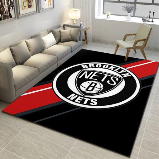 Brooklyn Nets Logo Area Rug - Basketball Team Living Room Bedroom Carpet - Custom Size And Printing