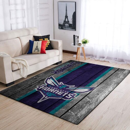 Charlotte Hornets Nba Team Logo Area Rug - Wooden Style Living Room Carpet - Custom Size And Printing