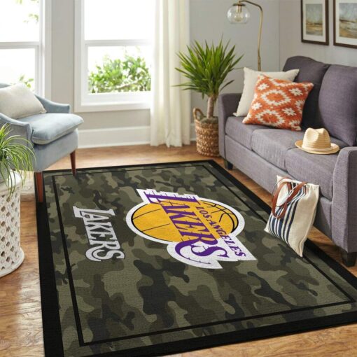 Los Angeles Lakers Nba Area Rug - Camo Style Living Room Carpet Team Logo - Custom Size And Printing