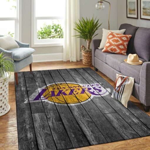 Los Angeles Lakers Nba Team Logo Grey Area Rug - Wooden Style Living Room Carpet Sports Rug - Custom Size And Printing