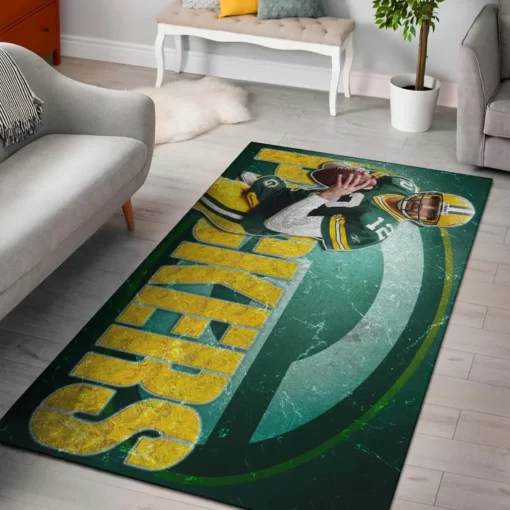Green Bay American Football Packers Aaron Rodgers Ready To Throw Rugby Ball Area Rug Home Decor - Custom Size And Printing