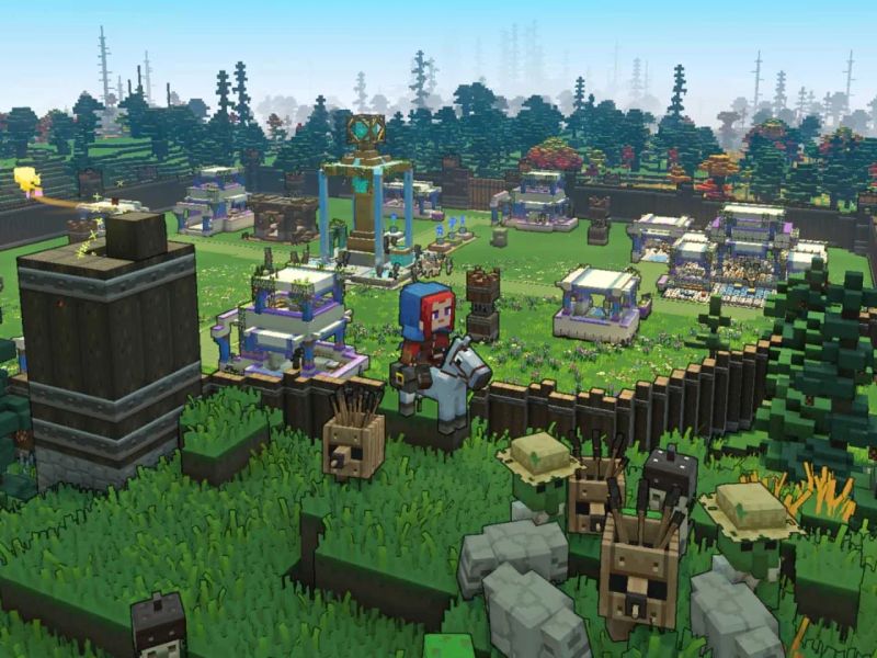 Minecraft Legends Review - In Minecraft Legends, players must use resources to construct defenses around villages