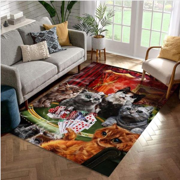 Cat Playing Poker Game Area Rug Carpet Bedroom Us Gift Decor