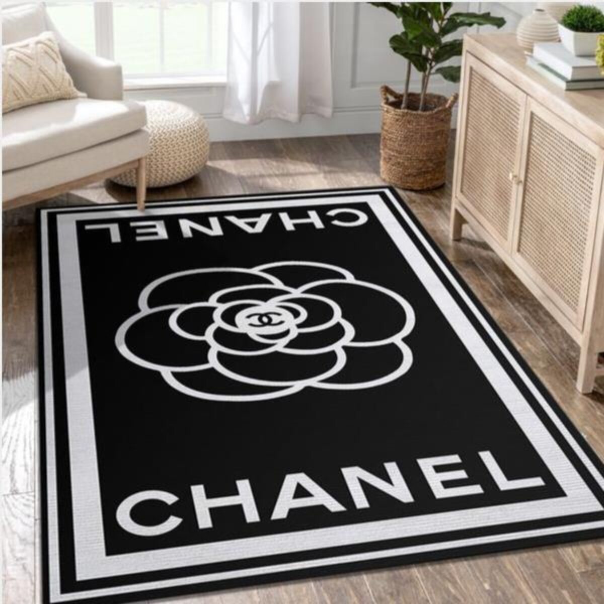 Black White Logo Chanel Rug Home Decor - Storealimie - Medium