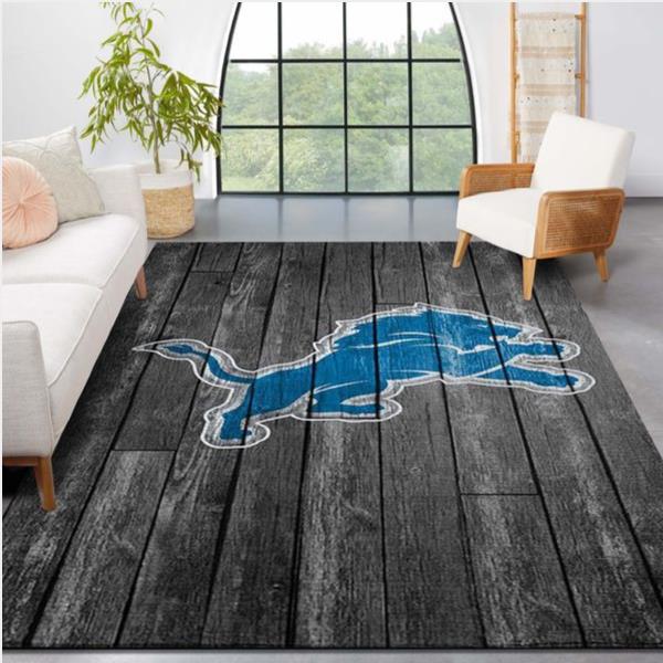Detroit Lions NFL Team Logo Grey Wooden Style Style Nice Gift Home Decor Rectangle Area Rug