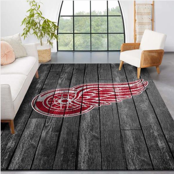 Detroit Red Wings Team Logo Grey Wooden Style Nice Gift Home Decor Rectangle Area Rug