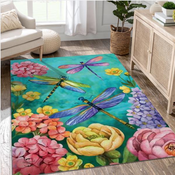 Dragonfly With Flowers Area Rug Carpet Living Room Rug