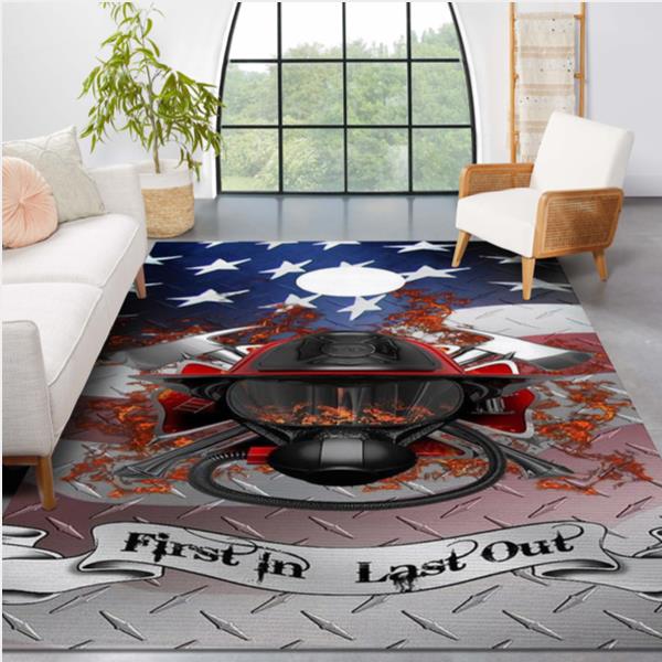 Firefighter American Flag Diamond Plate Helmet Area Rug Living Room Rug Home Decor Floor Decor