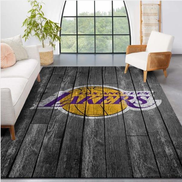 Los Angeles Lakers Nba Team Logo Grey Wooden Style Nice Gift Home Decor Rectangle Area Rug