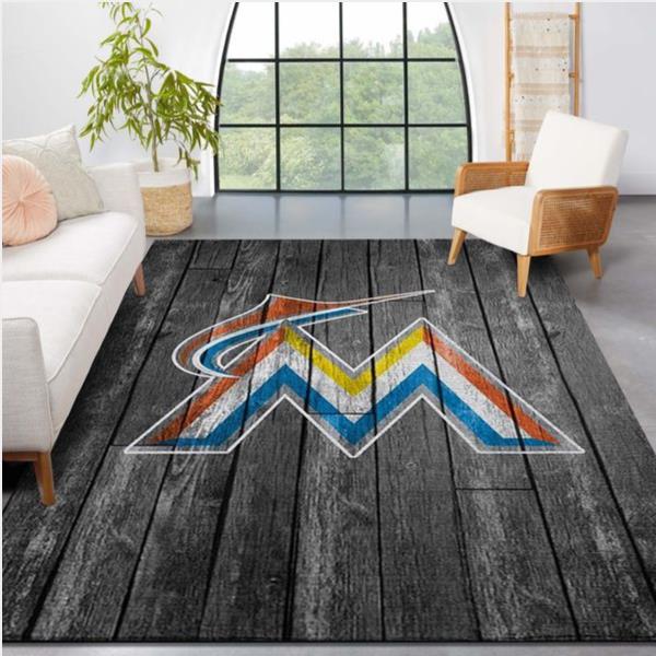 Miami Marlins Mlb Team Logo Grey Wooden Style Style Nice Gift Home Decor Rectangle Area Rug