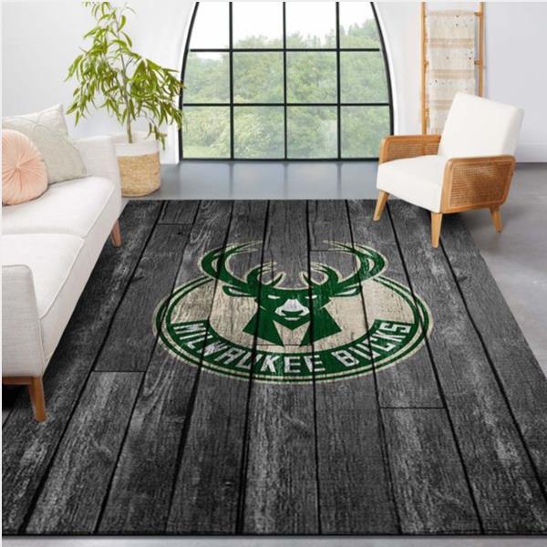 Milwaukee Bucks Nba Team Logo Grey Wooden Style Nice Gift Home Decor Rectangle Area Rug