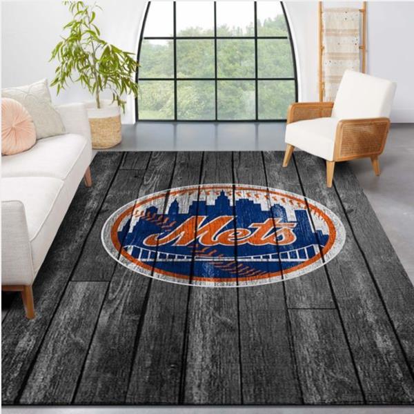 New York Mets Mlb Team Logo Grey Wooden Style Style Nice Gift Home Decor Rectangle Area Rug