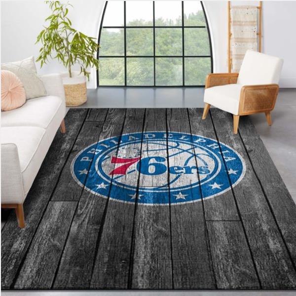 Philadelphia 76ers Nba Team Logo Grey Wooden Style Nice Gift Home Decor Rectangle Area Rug