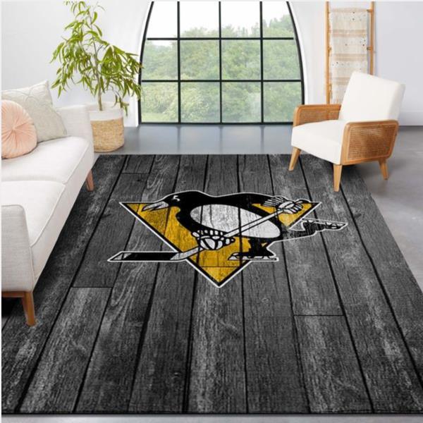 Pittsburgh Penguins Nhl Team Logo Grey Wooden Style Nice Gift Home Decor Rectangle Area Rug