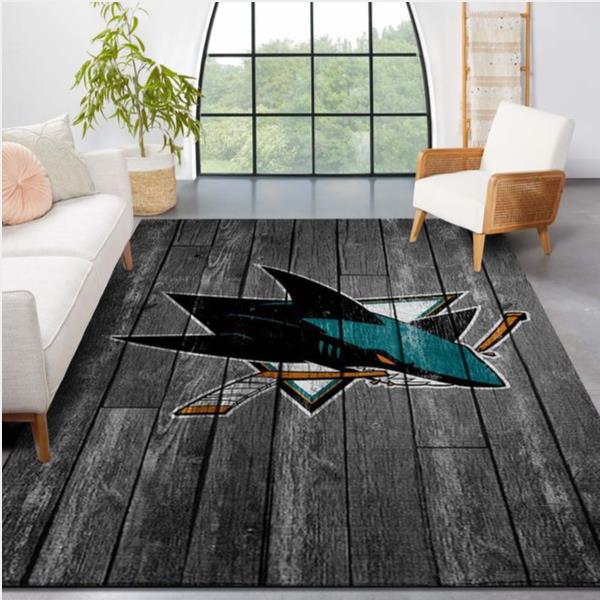 San Jose Sharks Nhl Team Logo Grey Wooden Style Nice Gift Home Decor Rectangle Area Rug