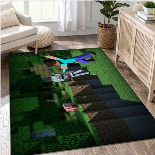 Steve Hitting A Skeleton With A Diamond Sword While A Pig Watches Gaming Area Rug Area Rug