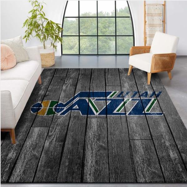 Utah Jazz Nba Team Logo Grey Wooden Style Nice Gift Home Decor Rectangle Area Rug