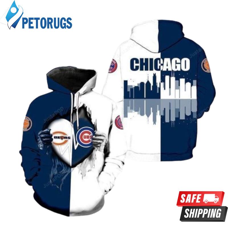 Chicago Bears And Chicago Cubs Heartbeat Love Ripped 3D Hoodie