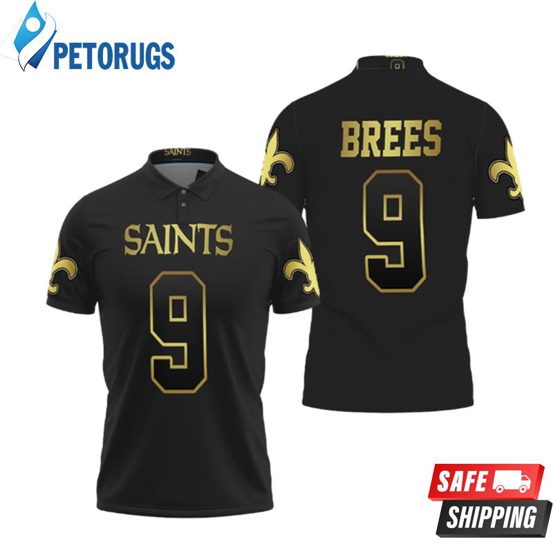 Art New Orleans Saints 9 Drew Brees Black Golden Edition Inspired Polo Shirts