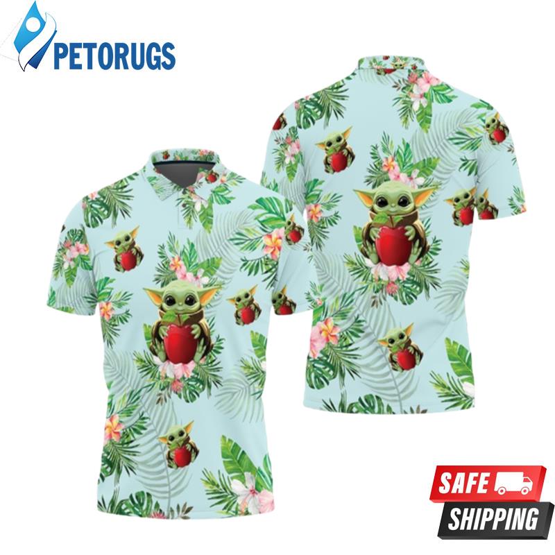 Baby Yoda Hugging Apples Seamless Tropical Green Leaves On Green Polo Shirts