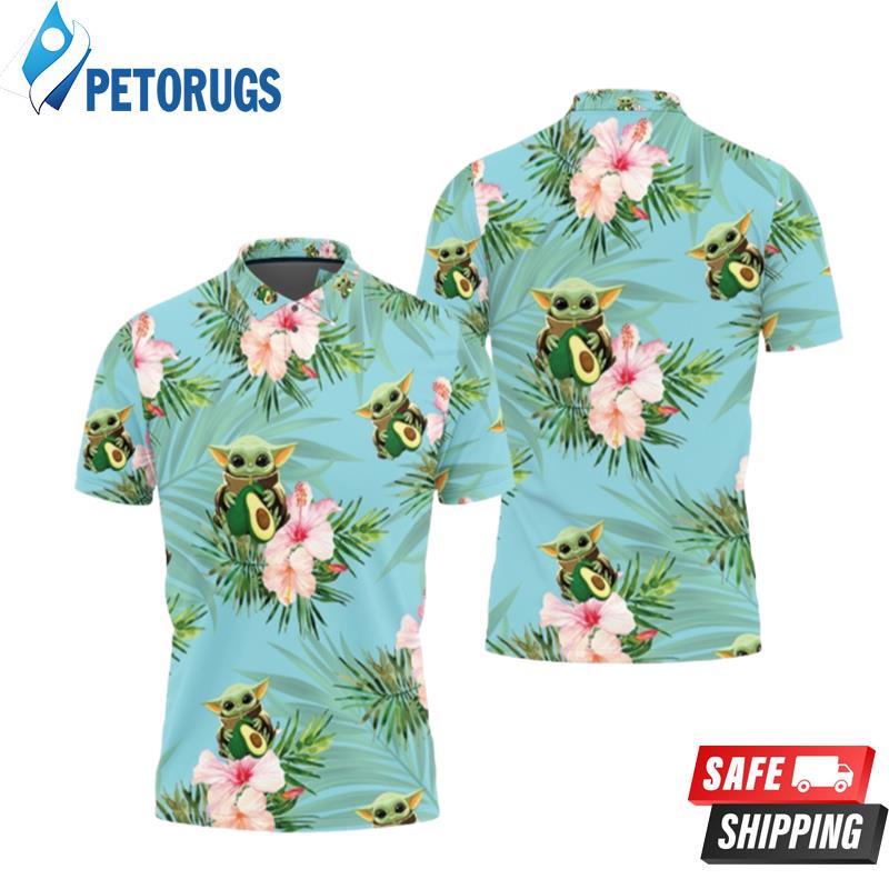 Baby Yoda Hugging Avocadoes Seamless Tropical Colorful Flowers On Teal Polo Shirts