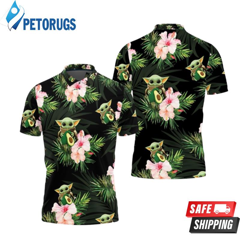 Baby Yoda Hugging Avocadoes Seamless Tropical Flowers And Green Leaves On Black Polo Shirts