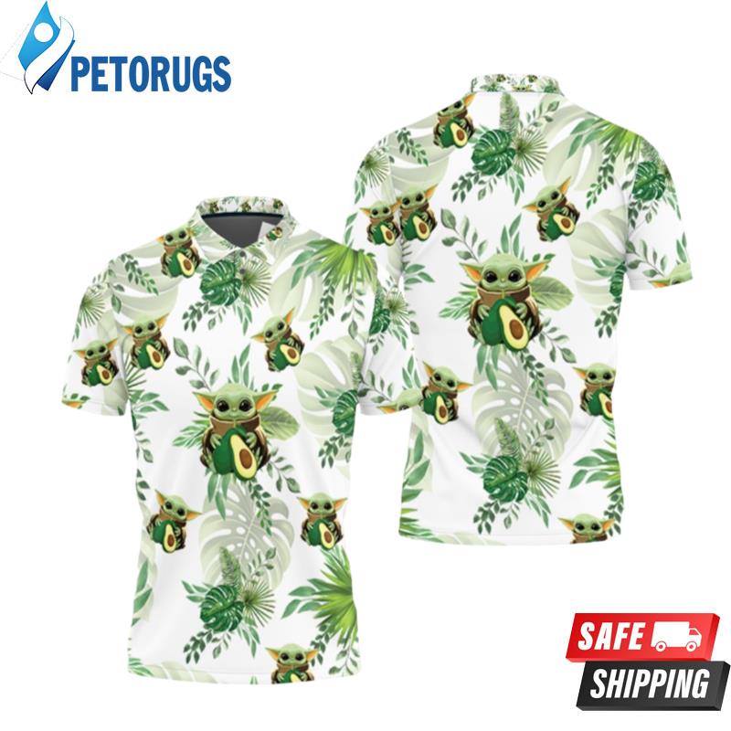 Baby Yoda Hugging Avocadoes Seamless Tropical Green Leaves On White Polo Shirts