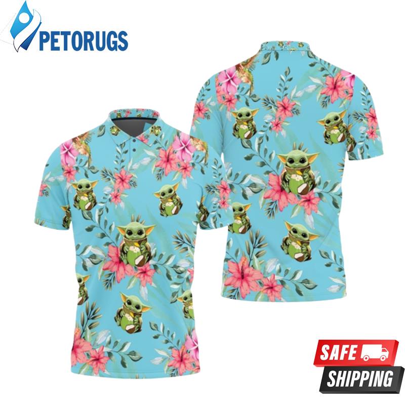 Baby Yoda Hugging Coconuts Seamless Tropical Colorful Flowers On Teal 2 Polo Shirts