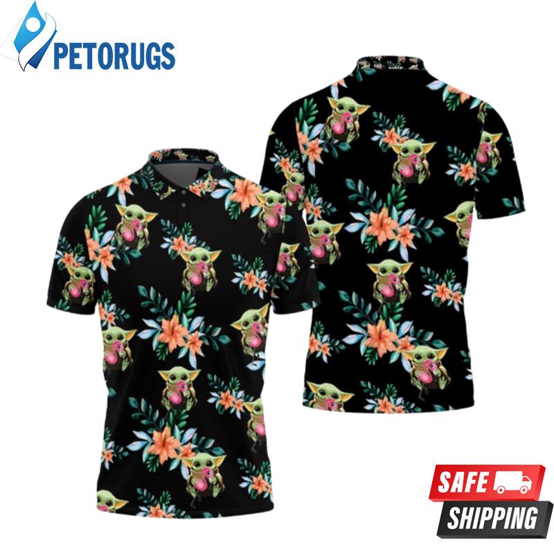 Baby Yoda Hugging Flamingos Seamless Tropical Colorful Flowers On Black 2 Polo Shirts