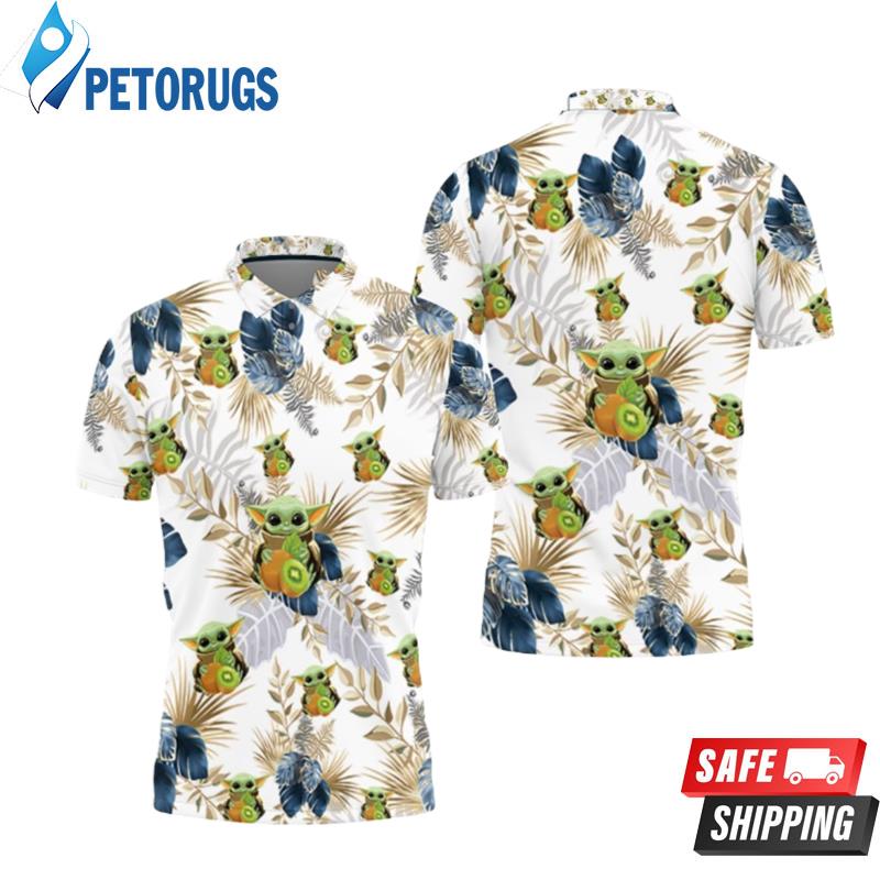 Baby Yoda Hugging Kiwis Seamless Tropical Blue And Green Leaves On White Polo Shirts