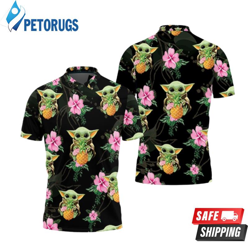 Baby Yoda Hugging Pineapples Seamless Tropical Colorful Flowers On Black Polo Shirts