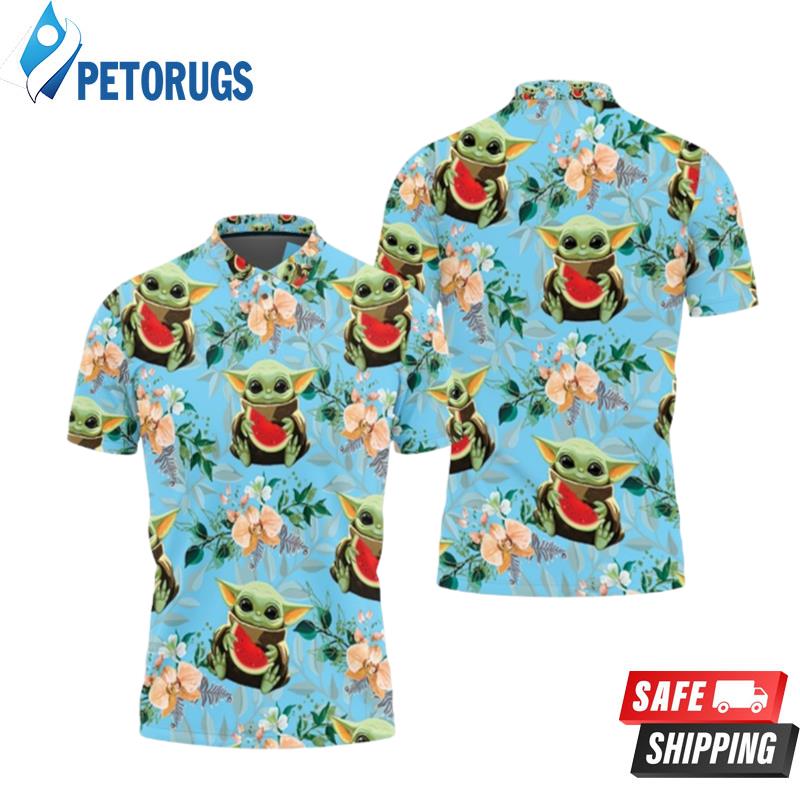 Baby Yoda Hugging Watermelons Seamless Tropical Colorful Flowers On Teal Polo Shirts