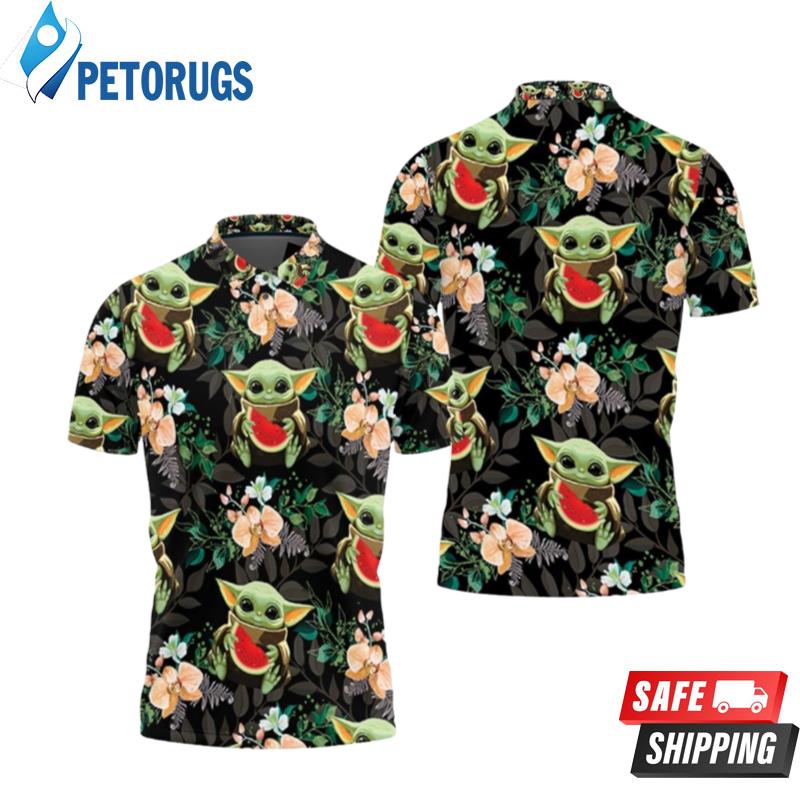 Baby Yoda Hugging Watermelons Seamless Tropical Green Leaves On Black Polo Shirts