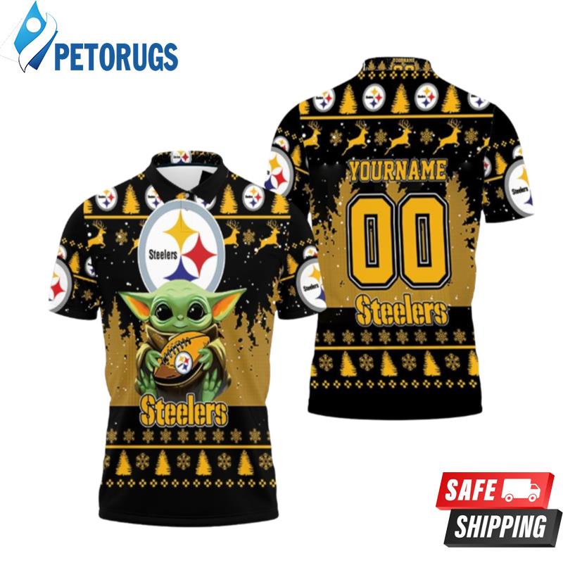 Baby Yoda Hugs Pittsburgh Steelers Ugly Sweater Personalized Polo Shirts