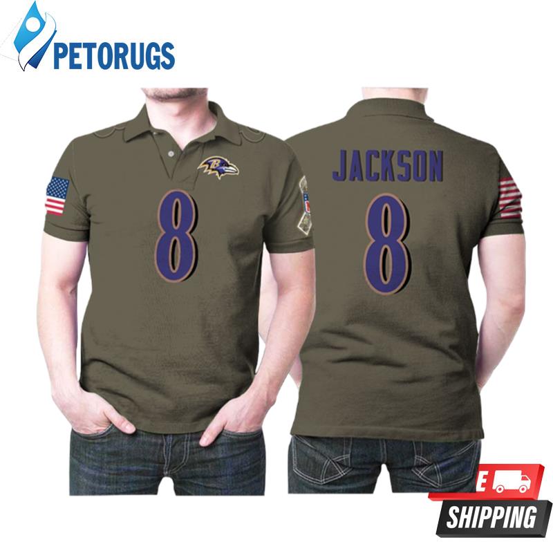 Baltimore Ravens Lamar Jackson #8 Nfl Deion Sanders Salute To Service Retired Player Olive Designed Gift For Baltimore Fans Polo Shirts