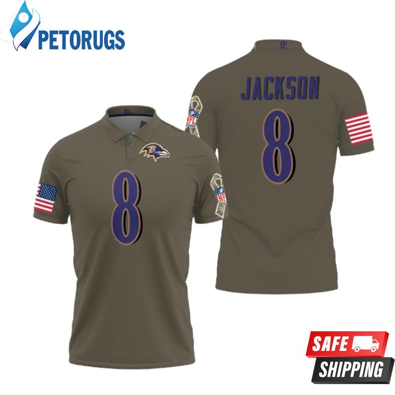 Baltimore Ravens Lamar Jackson #8 Nfl Deion Sanders Salute To Service Retired Player Olive Polo Shirts