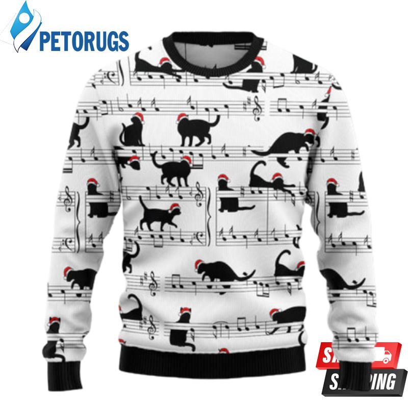 Black Cat Christmas Music Notes Ugly Christmas Sweaters