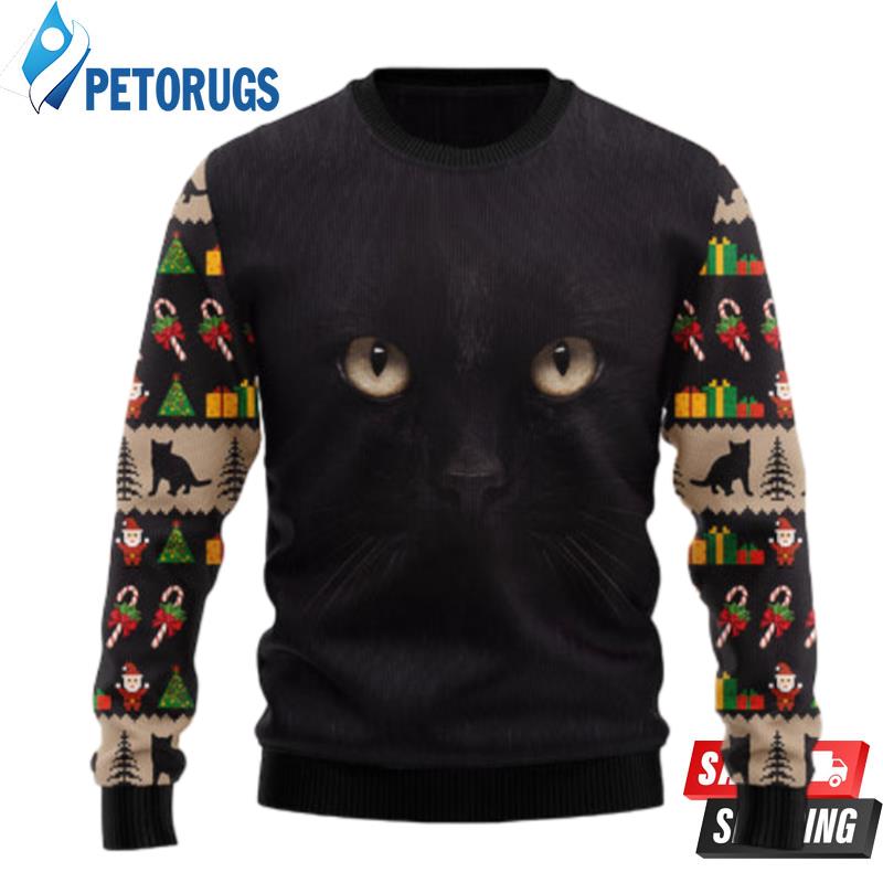 Black Cat Cute Face Ugly Christmas Sweaters
