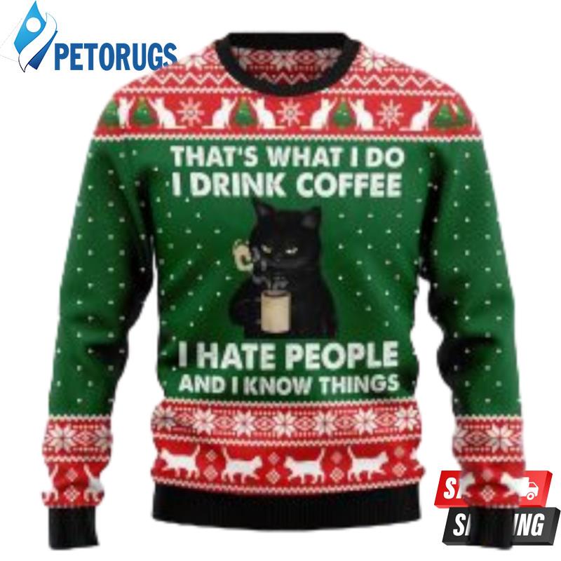 Black Cat Drink Coffee Christmas Ugly Christmas Sweaters