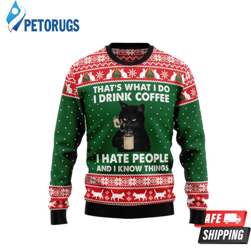 Black Cat Drink Coffee Ugly Christmas Sweaters