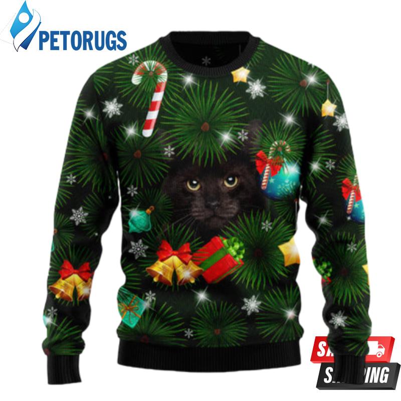 Black Cat Inside Tree Ugly Christmas Sweaters