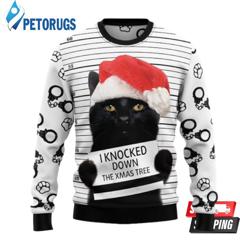 Black Cat Knocked Down Xmas Tree Ugly Christmas Sweaters