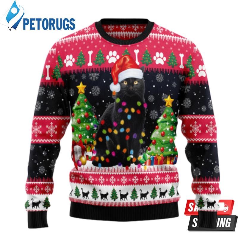 Black Cat Light Ugly Christmas Sweaters
